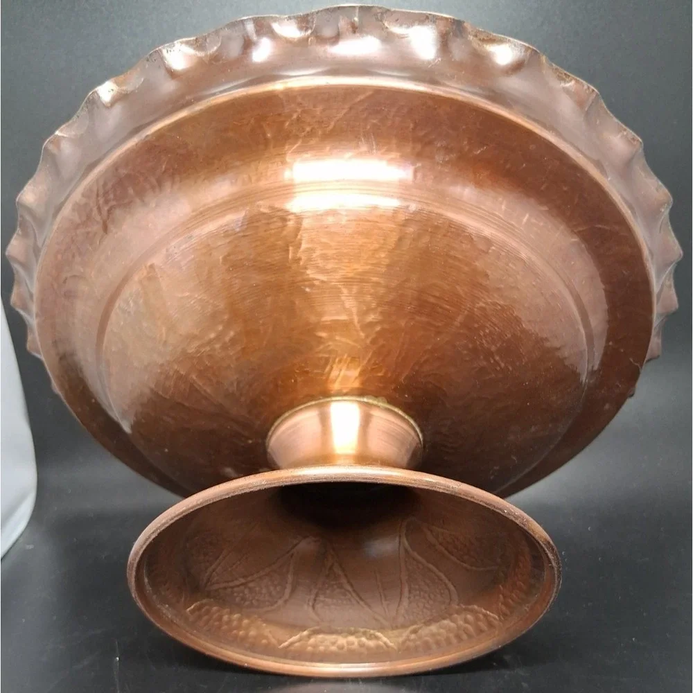 Vintage Embossed Copper Pedestal Compote Bowl w/Scalloped Edge